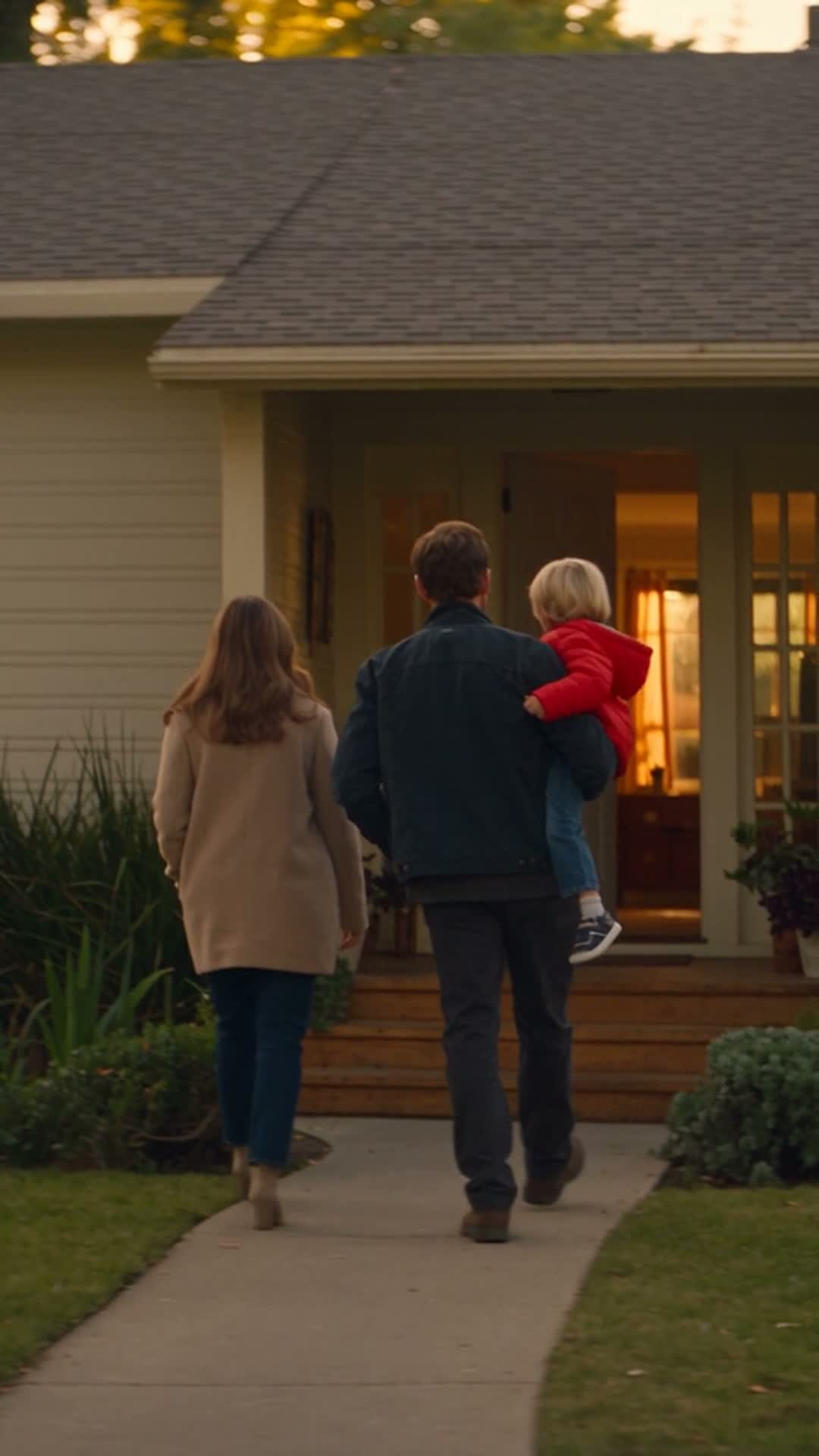 A family walking up to the front porch of their new home at sunset