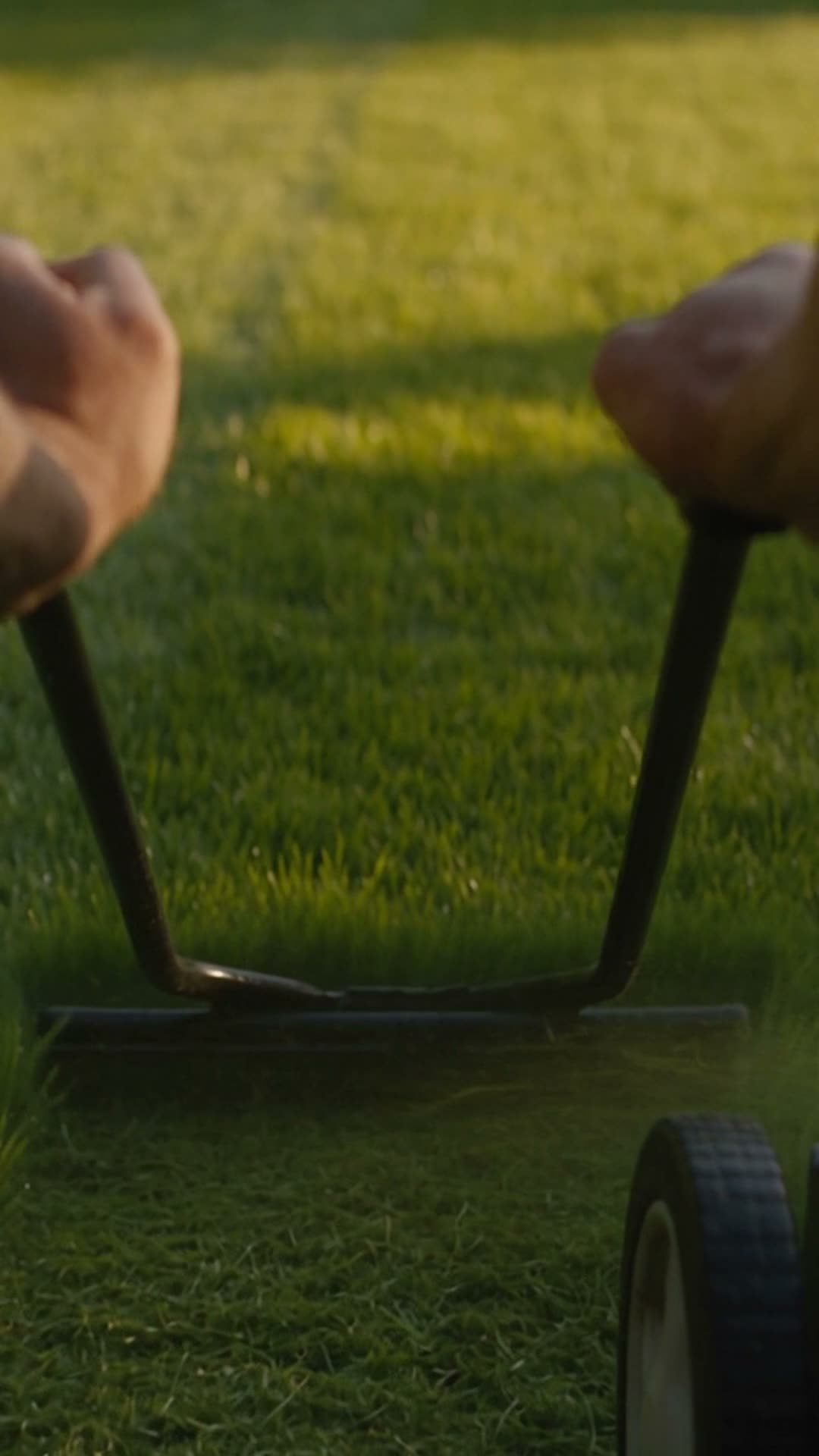 Landscaper mowing a green lawn at golden hour