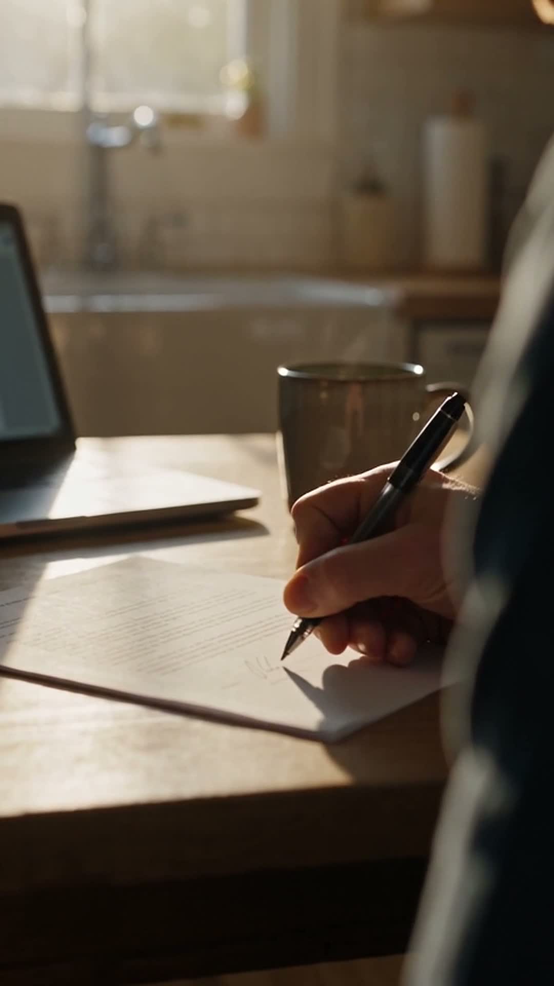 Self-employed consultant doing paperwork at a kitchen table with a laptop